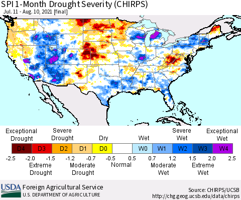 United States SPI 1-Month Drought Severity (CHIRPS) Thematic Map For 7/11/2021 - 8/10/2021
