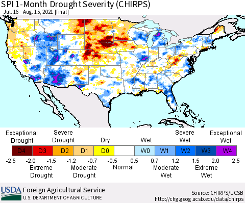 United States SPI 1-Month Drought Severity (CHIRPS) Thematic Map For 7/16/2021 - 8/15/2021