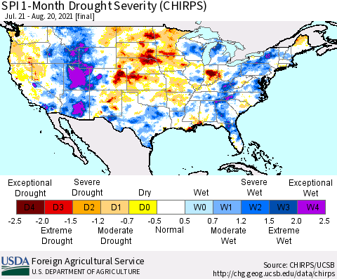 United States SPI 1-Month Drought Severity (CHIRPS) Thematic Map For 7/21/2021 - 8/20/2021