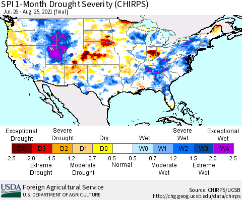 United States SPI 1-Month Drought Severity (CHIRPS) Thematic Map For 7/26/2021 - 8/25/2021