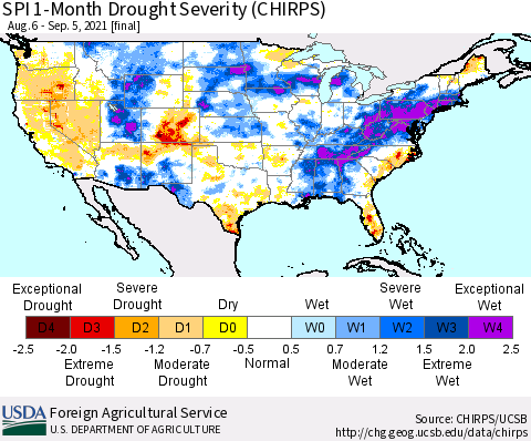 United States SPI 1-Month Drought Severity (CHIRPS) Thematic Map For 8/6/2021 - 9/5/2021