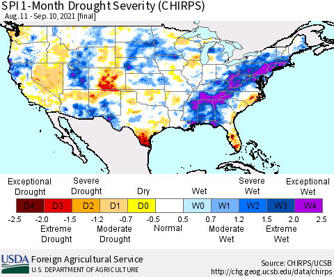 United States SPI 1-Month Drought Severity (CHIRPS) Thematic Map For 8/11/2021 - 9/10/2021