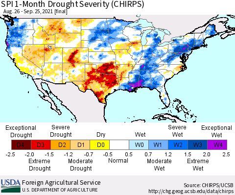 United States SPI 1-Month Drought Severity (CHIRPS) Thematic Map For 8/26/2021 - 9/25/2021