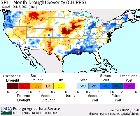 United States SPI 1-Month Drought Severity (CHIRPS) Thematic Map For 9/6/2021 - 10/5/2021