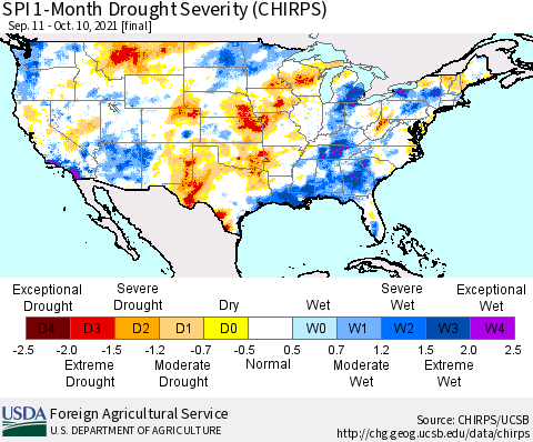 United States SPI 1-Month Drought Severity (CHIRPS) Thematic Map For 9/11/2021 - 10/10/2021