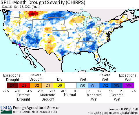 United States SPI 1-Month Drought Severity (CHIRPS) Thematic Map For 9/16/2021 - 10/15/2021