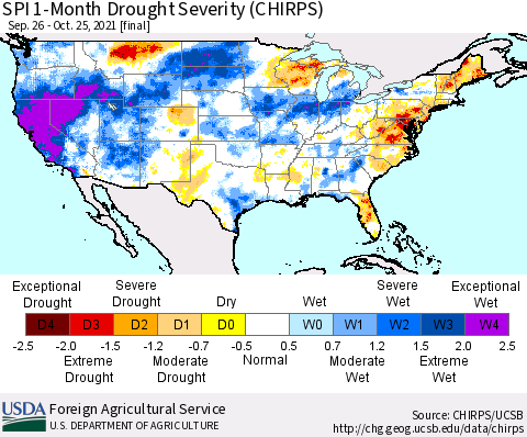 United States SPI 1-Month Drought Severity (CHIRPS) Thematic Map For 9/26/2021 - 10/25/2021