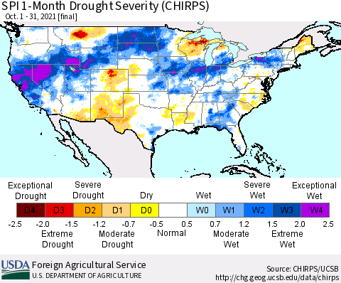 United States SPI 1-Month Drought Severity (CHIRPS) Thematic Map For 10/1/2021 - 10/31/2021