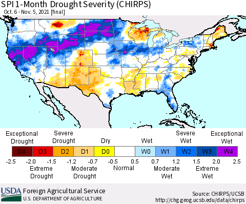 United States SPI 1-Month Drought Severity (CHIRPS) Thematic Map For 10/6/2021 - 11/5/2021