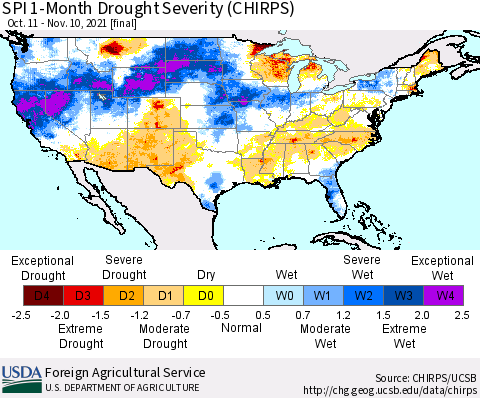 United States SPI 1-Month Drought Severity (CHIRPS) Thematic Map For 10/11/2021 - 11/10/2021