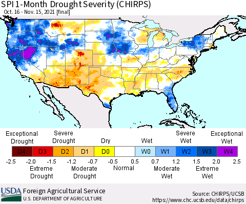 United States SPI 1-Month Drought Severity (CHIRPS) Thematic Map For 10/16/2021 - 11/15/2021