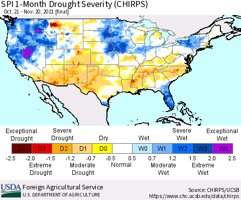 United States SPI 1-Month Drought Severity (CHIRPS) Thematic Map For 10/21/2021 - 11/20/2021