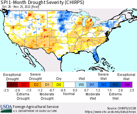 United States SPI 1-Month Drought Severity (CHIRPS) Thematic Map For 10/26/2021 - 11/25/2021