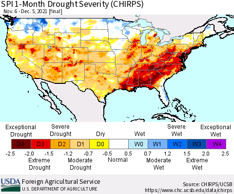 United States SPI 1-Month Drought Severity (CHIRPS) Thematic Map For 11/6/2021 - 12/5/2021