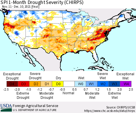 United States SPI 1-Month Drought Severity (CHIRPS) Thematic Map For 11/11/2021 - 12/10/2021
