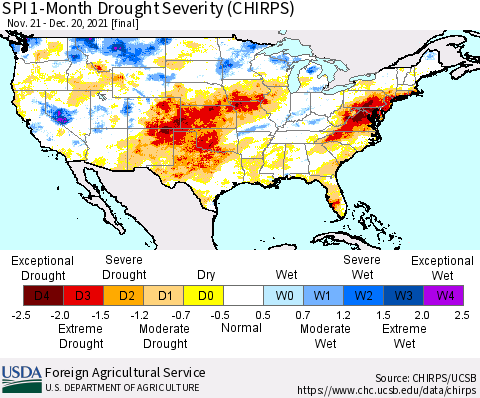 United States SPI 1-Month Drought Severity (CHIRPS) Thematic Map For 11/21/2021 - 12/20/2021