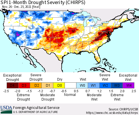 United States SPI 1-Month Drought Severity (CHIRPS) Thematic Map For 11/26/2021 - 12/25/2021
