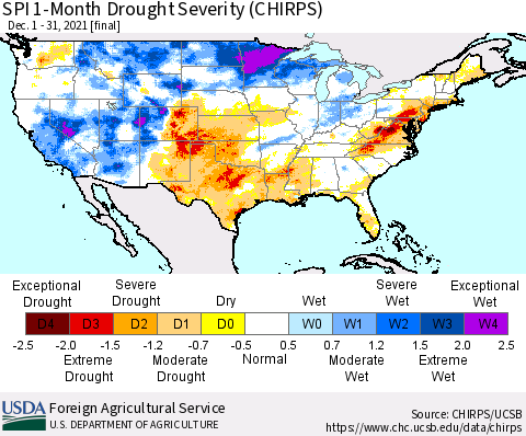 United States SPI 1-Month Drought Severity (CHIRPS) Thematic Map For 12/1/2021 - 12/31/2021