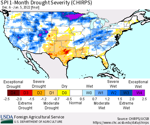 United States SPI 1-Month Drought Severity (CHIRPS) Thematic Map For 12/6/2021 - 1/5/2022