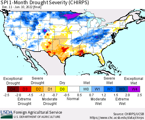 United States SPI 1-Month Drought Severity (CHIRPS) Thematic Map For 12/11/2021 - 1/10/2022
