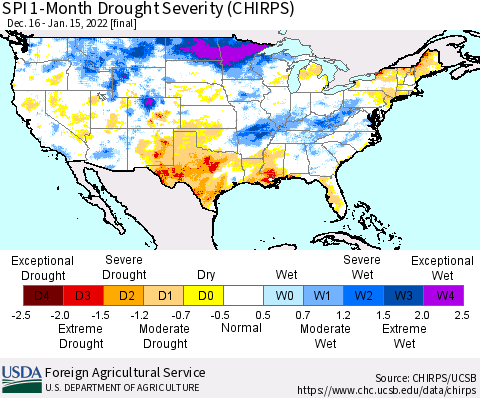 United States SPI 1-Month Drought Severity (CHIRPS) Thematic Map For 12/16/2021 - 1/15/2022