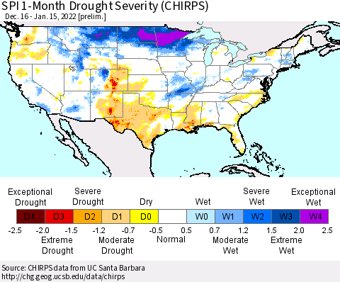 United States SPI 1-Month Drought Severity (CHIRPS) Thematic Map For 12/16/2021 - 1/15/2022