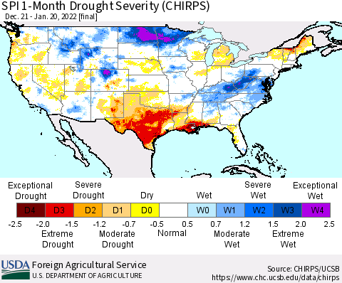 United States SPI 1-Month Drought Severity (CHIRPS) Thematic Map For 12/21/2021 - 1/20/2022