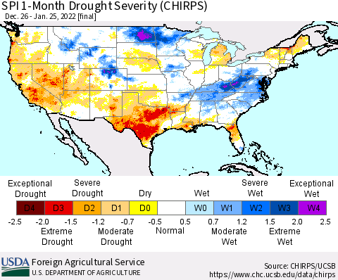 United States SPI 1-Month Drought Severity (CHIRPS) Thematic Map For 12/26/2021 - 1/25/2022
