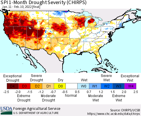 United States SPI 1-Month Drought Severity (CHIRPS) Thematic Map For 1/11/2022 - 2/10/2022