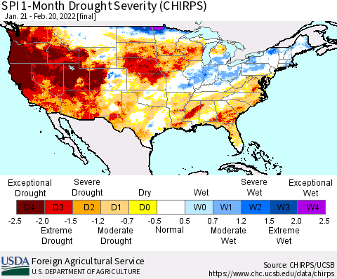 United States SPI 1-Month Drought Severity (CHIRPS) Thematic Map For 1/21/2022 - 2/20/2022