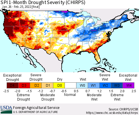 United States SPI 1-Month Drought Severity (CHIRPS) Thematic Map For 1/26/2022 - 2/25/2022