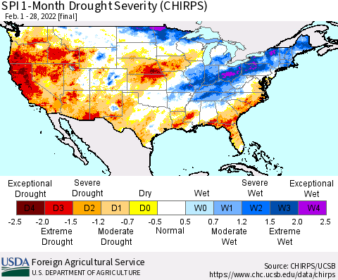 United States SPI 1-Month Drought Severity (CHIRPS) Thematic Map For 2/1/2022 - 2/28/2022