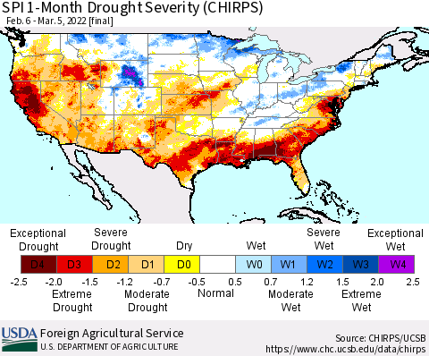 United States SPI 1-Month Drought Severity (CHIRPS) Thematic Map For 2/6/2022 - 3/5/2022