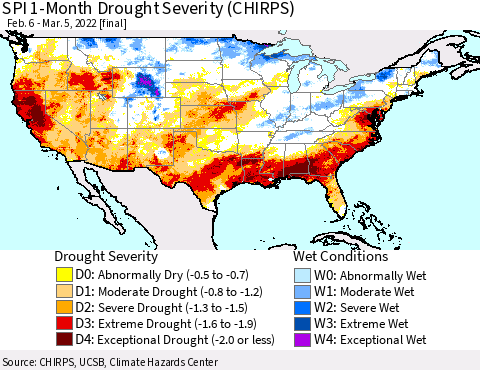 United States SPI 1-Month Drought Severity (CHIRPS) Thematic Map For 2/6/2022 - 3/5/2022