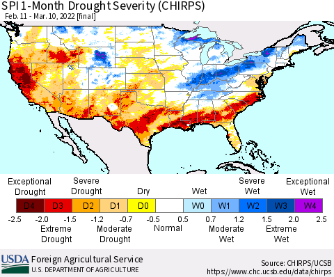 United States SPI 1-Month Drought Severity (CHIRPS) Thematic Map For 2/11/2022 - 3/10/2022
