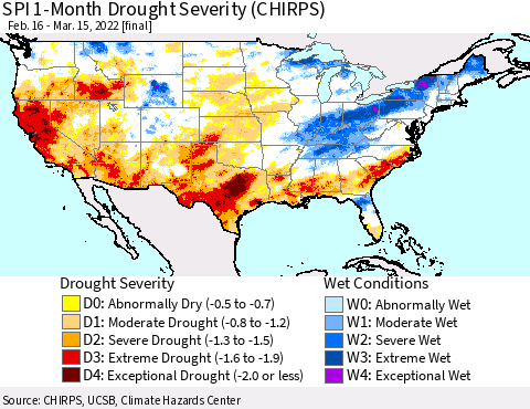 United States SPI 1-Month Drought Severity (CHIRPS) Thematic Map For 2/16/2022 - 3/15/2022