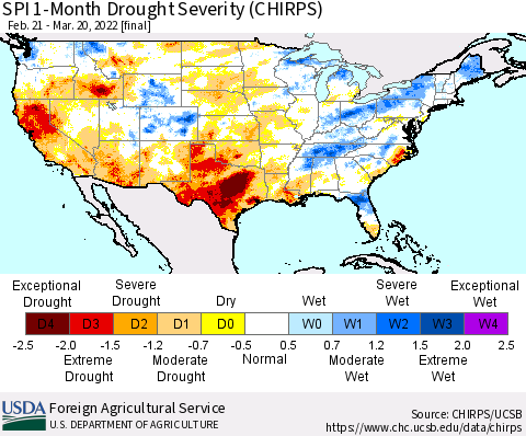 United States SPI 1-Month Drought Severity (CHIRPS) Thematic Map For 2/21/2022 - 3/20/2022