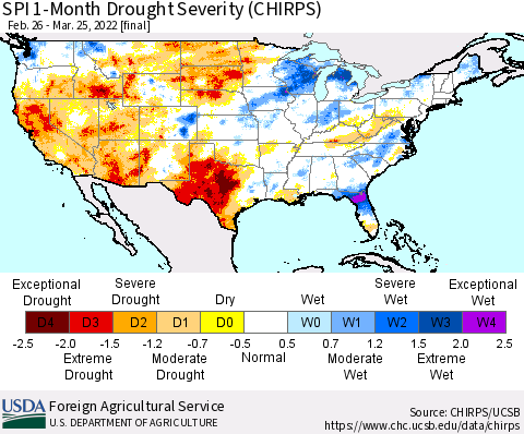 United States SPI 1-Month Drought Severity (CHIRPS) Thematic Map For 2/26/2022 - 3/25/2022