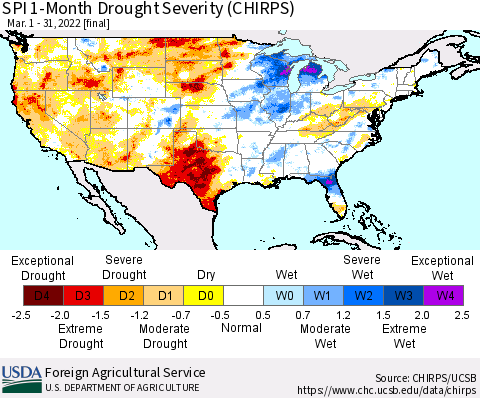 United States SPI 1-Month Drought Severity (CHIRPS) Thematic Map For 3/1/2022 - 3/31/2022