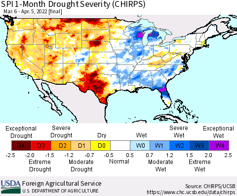 United States SPI 1-Month Drought Severity (CHIRPS) Thematic Map For 3/6/2022 - 4/5/2022