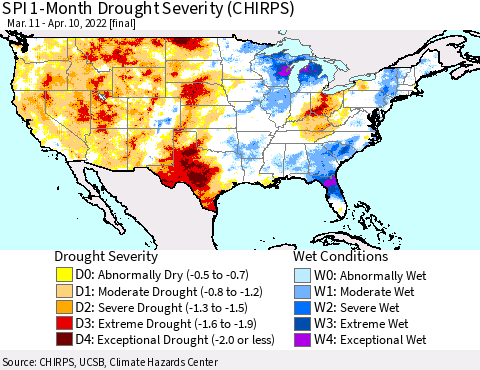 United States SPI 1-Month Drought Severity (CHIRPS) Thematic Map For 3/11/2022 - 4/10/2022