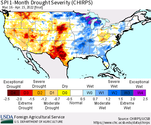 United States SPI 1-Month Drought Severity (CHIRPS) Thematic Map For 3/16/2022 - 4/15/2022