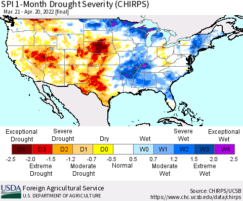 United States SPI 1-Month Drought Severity (CHIRPS) Thematic Map For 3/21/2022 - 4/20/2022