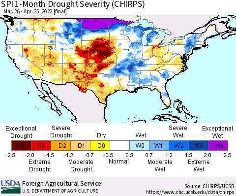 United States SPI 1-Month Drought Severity (CHIRPS) Thematic Map For 3/26/2022 - 4/25/2022