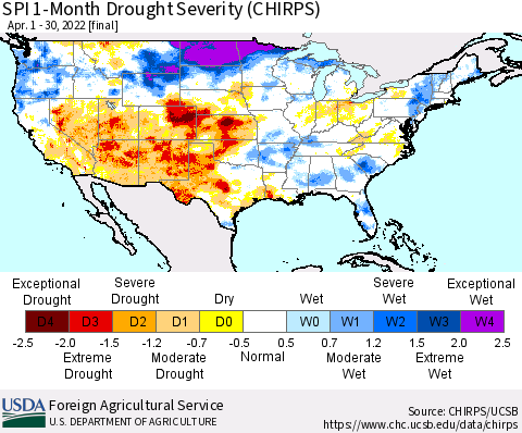 United States SPI 1-Month Drought Severity (CHIRPS) Thematic Map For 4/1/2022 - 4/30/2022