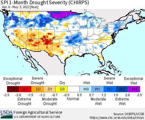 United States SPI 1-Month Drought Severity (CHIRPS) Thematic Map For 4/6/2022 - 5/5/2022