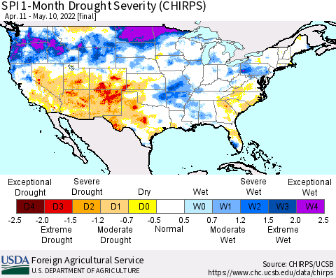 United States SPI 1-Month Drought Severity (CHIRPS) Thematic Map For 4/11/2022 - 5/10/2022