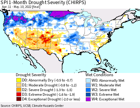 United States SPI 1-Month Drought Severity (CHIRPS) Thematic Map For 4/11/2022 - 5/10/2022