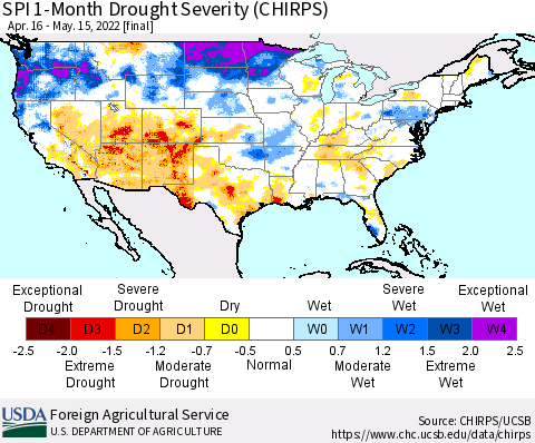 United States SPI 1-Month Drought Severity (CHIRPS) Thematic Map For 4/16/2022 - 5/15/2022