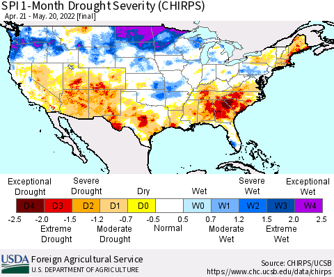 United States SPI 1-Month Drought Severity (CHIRPS) Thematic Map For 4/21/2022 - 5/20/2022